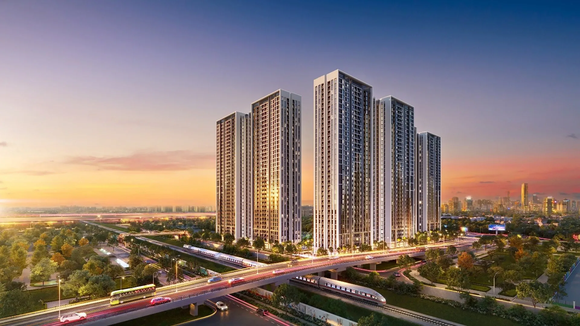 Phối cảnh Imperia Sensa Park lúc hoàng hôn nhìn từ trục đường có tuyến metro chạy qua