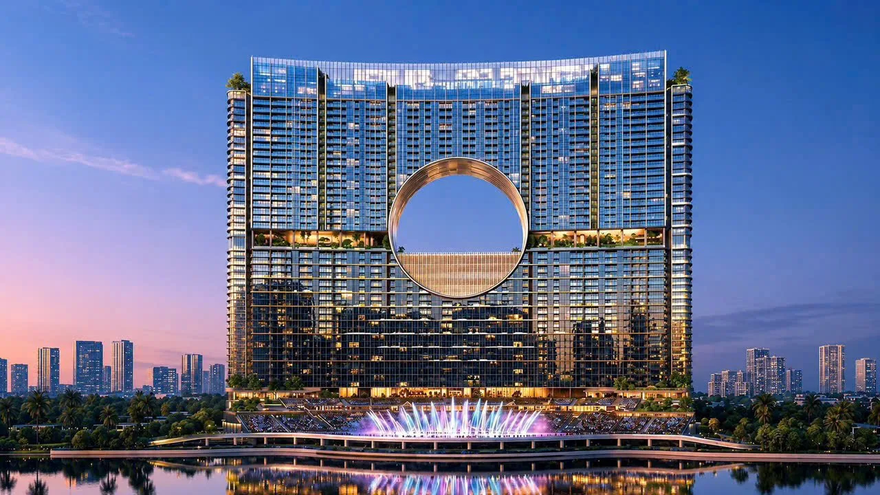 Phối cảnh Sun Galaxy Complex về đêm với biểu tượng Moon Gate chính giữa tòa nhà