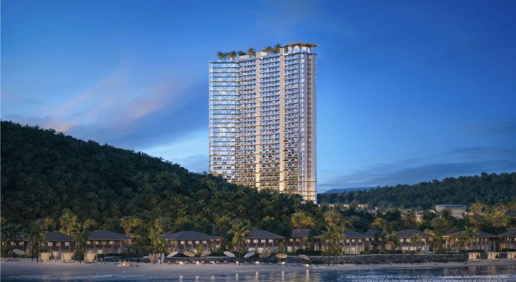 Phối cảnh tòa tháp Alora Nha Trang nhìn từ phía bãi biển Bãi Tiên