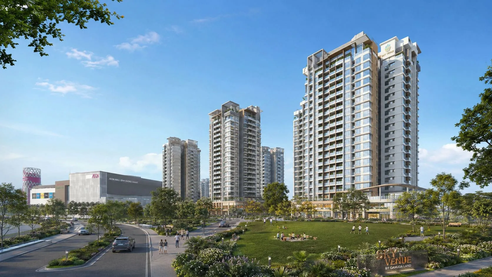 Phối cảnh tòa tháp căn hộ cao tầng cạnh Aeon Mall với công viên cây xanh phía trước