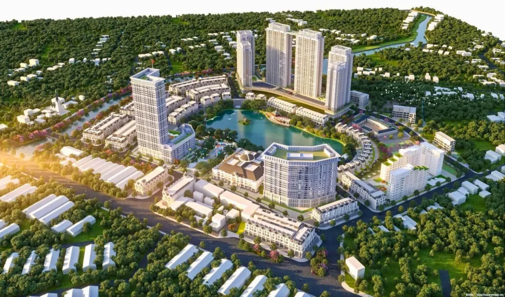 Phối cảnh tổng thể dự án Hồ Gươm Xanh Thuận An nhìn từ trên cao