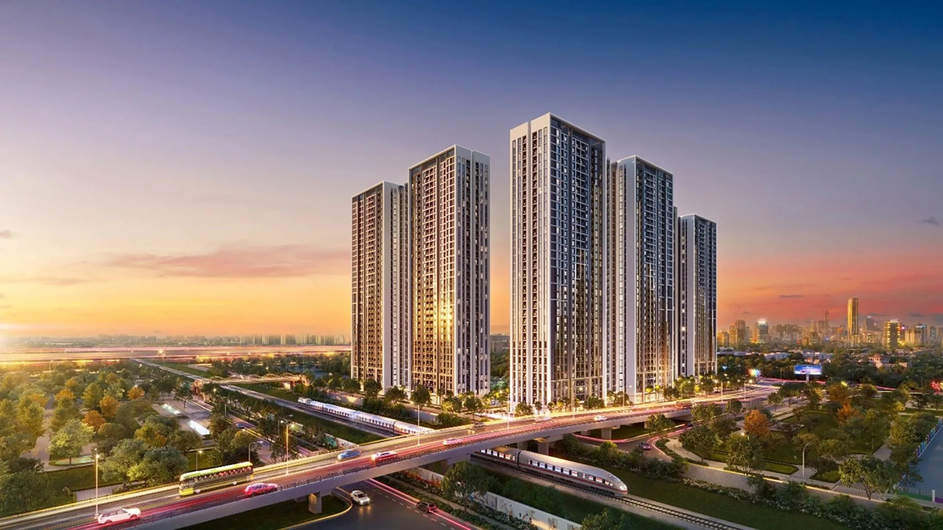 Cụm tháp cao tầng ban đêm gần trục giao thông và tuyến đường sắt khu vực dự án MIK Group