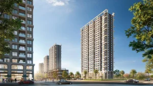 Khu chung cư cao tầng với sân đường nội khu, cây xanh và cư dân qua lại phía trước tòa nhà