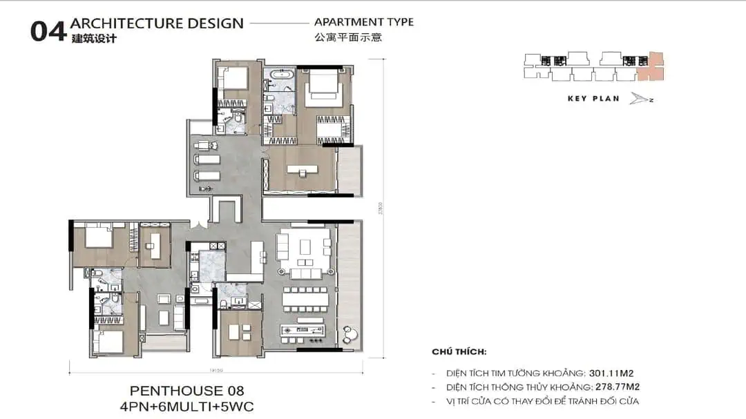 Layout Penthouse 08 Ansana By Kita với 4 phòng ngủ, diện tích thông thủy khoảng 278,77m2