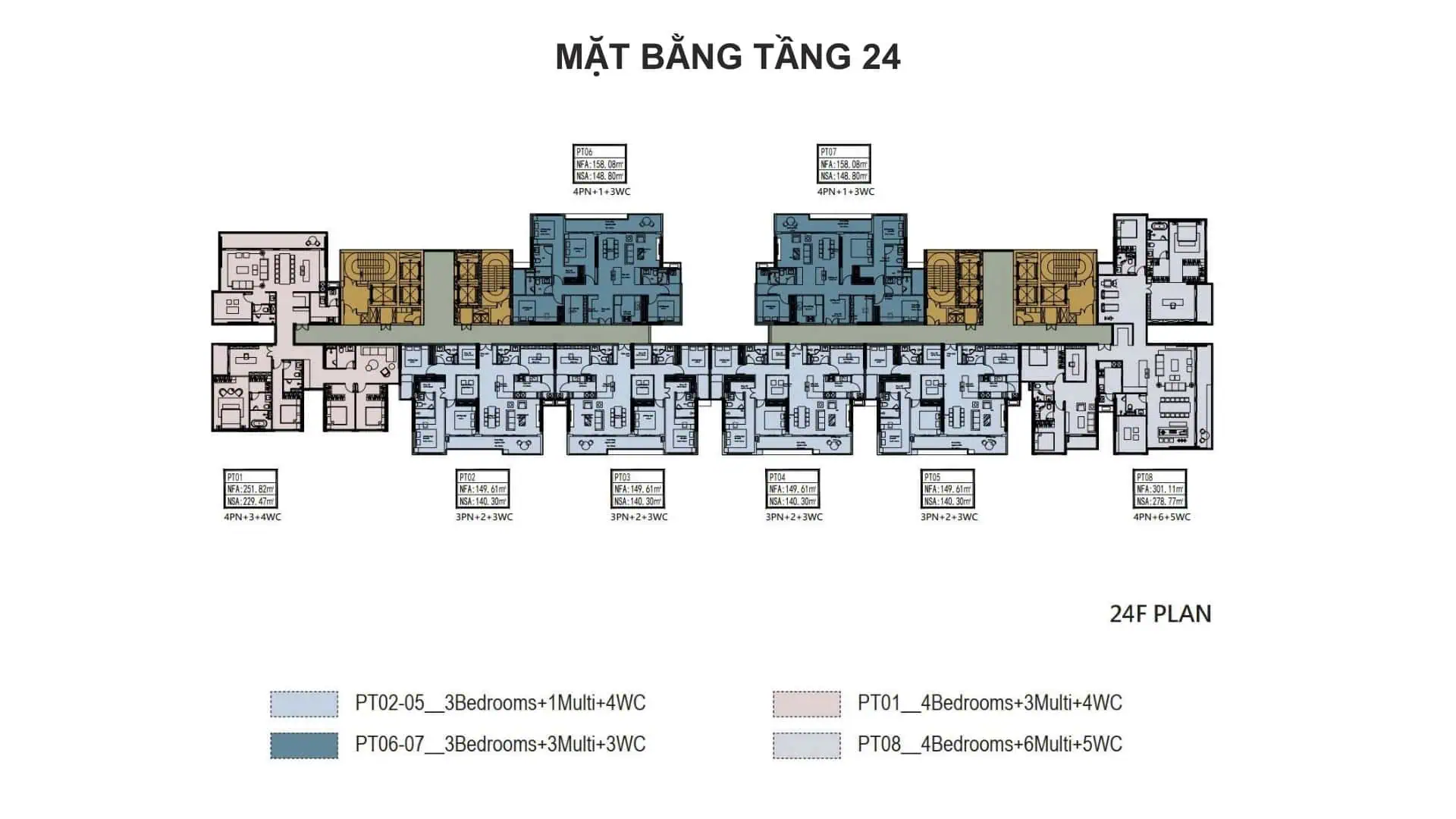 Mặt bằng tầng 24 dự án Ansana By Kita với các loại căn hộ ký hiệu từ PT01 đến PT08