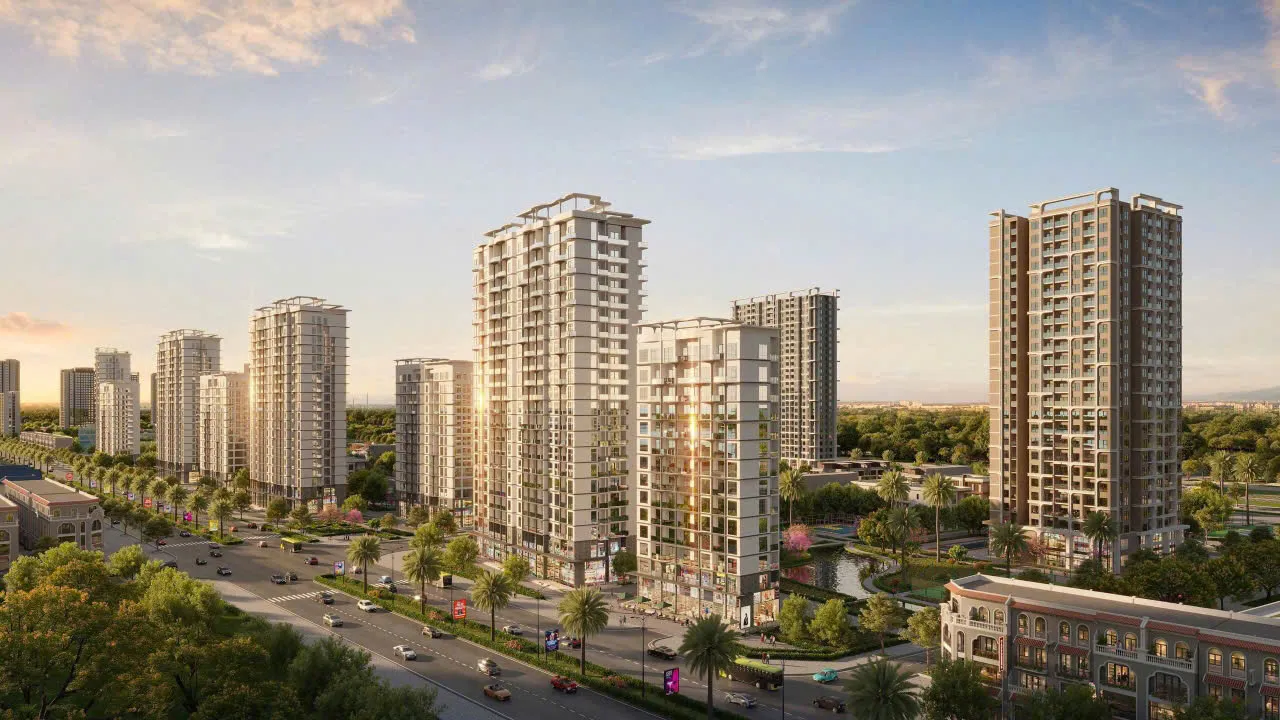 Phối cảnh tổng thể các tòa căn hộ cao tầng The Primavera Hà Nội Garden City nhìn từ trên cao