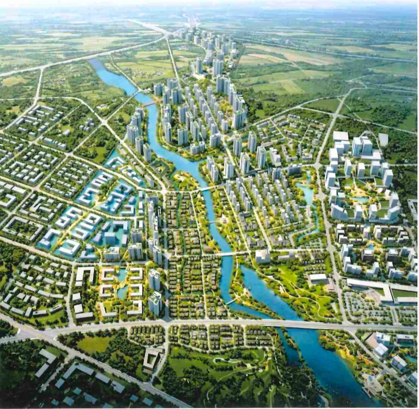 Phối cảnh tổng thể quy hoạch Vinhomes Hưng Long Bình Chánh với trục sông Cần Giuộc chạy giữa các phân khu
