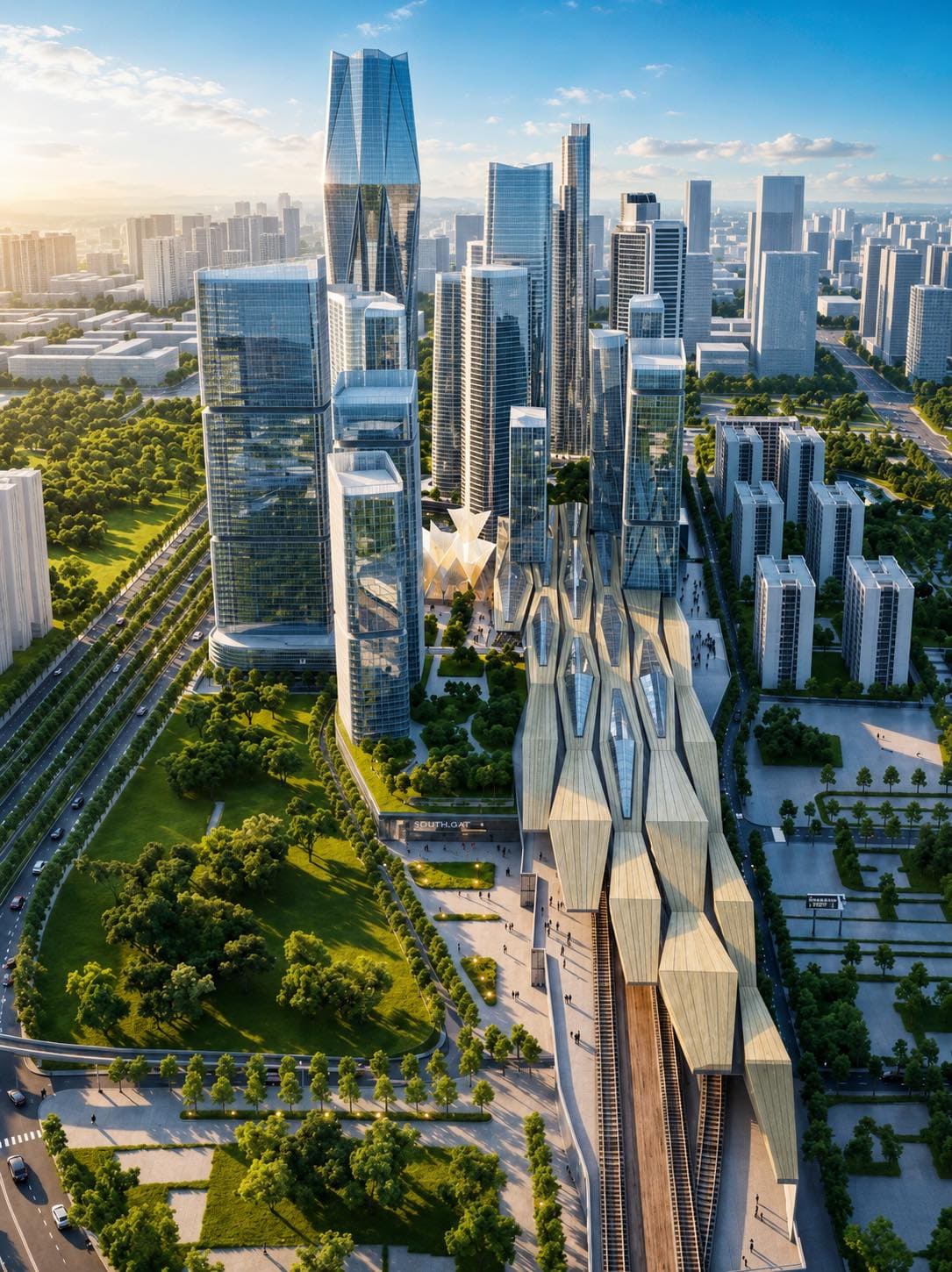 Phối cảnh tổng thể The Metronas Thủ Thiêm với mảng xanh và khu vực nhà ga